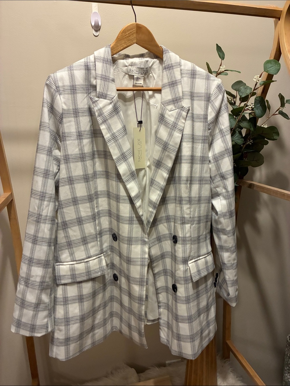 Rachel Zoe Cream and Gray Plaid Double-Breasted Blazer